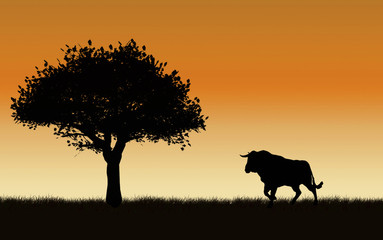 Obraz na płótnie Canvas Toro con cielo anaranjado y árbol, ilustración.