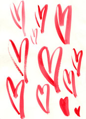 Set of watercolor painted hearts. Hand painted. Red hearts of different shapes for the design of cards and congratulations
