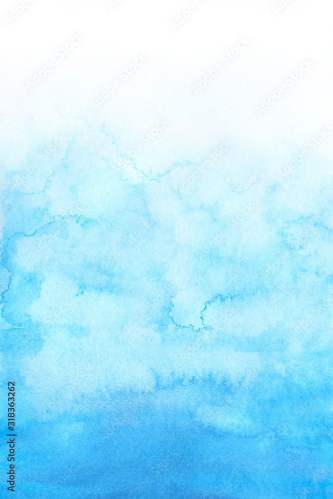 Wall mural Sky blue watercolor abstract background. Gradient fill. Hand drawn texture. Piece of heaven.