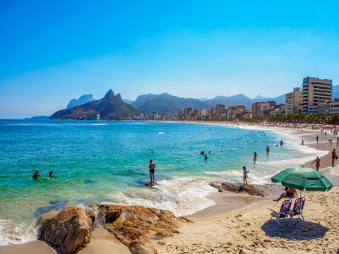 Ipanema beach and Arpoador beach with  in Rio de Janeiro, Brazil. Ipanema beach is the most famous beach of Rio de Janeiro, Brazil. Cityscape of Rio de Janeiro.