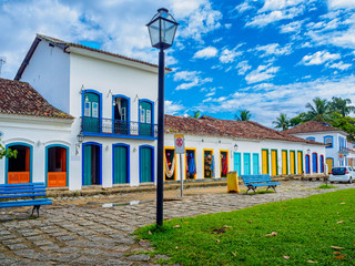 Street of historical center in Paraty, Rio de Janeiro, Brazil. Paraty is a preserved Portuguese...