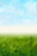 Fototapeta na wymiar watercolor background is green and blue gradient. Sky with clouds and Green meadow with grass