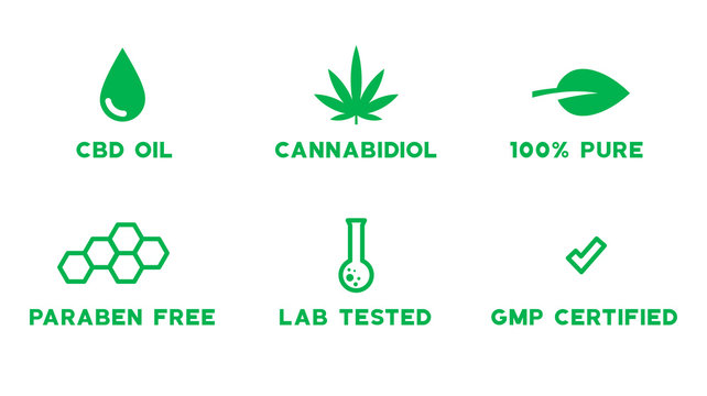 Set of medical CBD themed icons - 100% pure, cannabidiol, paraben free
