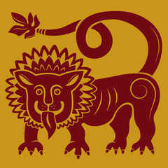 Illustration of a mythical lion. Red and golden colors, tattoo. 