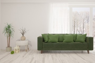 Stylish room in white color with sofa and winter landscape in window. Scandinavian interior design. 3D illustration