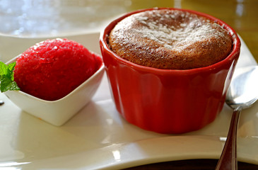 Fresh Baked Chocolate Fondant Cake Served with Raspberry Granita
