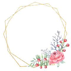 Delicate golden shiny frame with watercolor peonies, berries, leaves, twigs for decoration of cards, printing, linen, fabrics, souvenirs and any design
