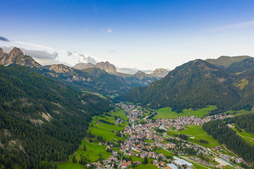 Aerial panoramic view of the Rosengarten group and Langkofel Mountain, Alps Mountains, Dolomites, Alto Adige, Italy