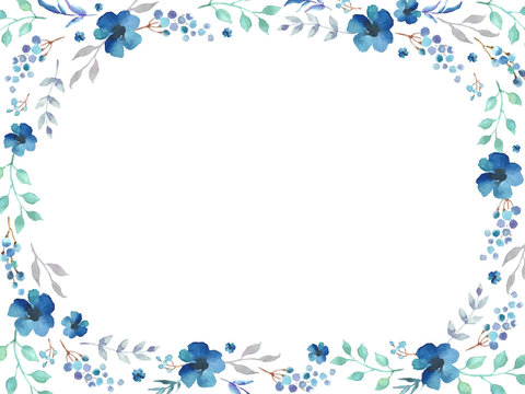 Floral frame template with blue flowers and swirly leaves on white background.