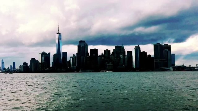 New city skyline across river skyscrapers of downtown Manhattan stock footage video 
