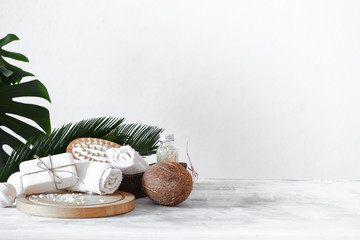 Spa composition with care items on a light background