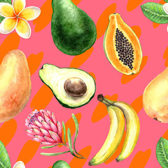 seamless pattern exotic fruits and flowers on an orange background, illustration watercolor mango, avocado, banana, papa and exotic flowers