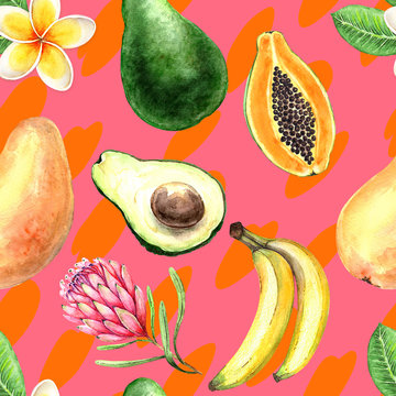 seamless pattern exotic fruits and flowers on an orange background, illustration watercolor mango, avocado, banana, papa and exotic flowers