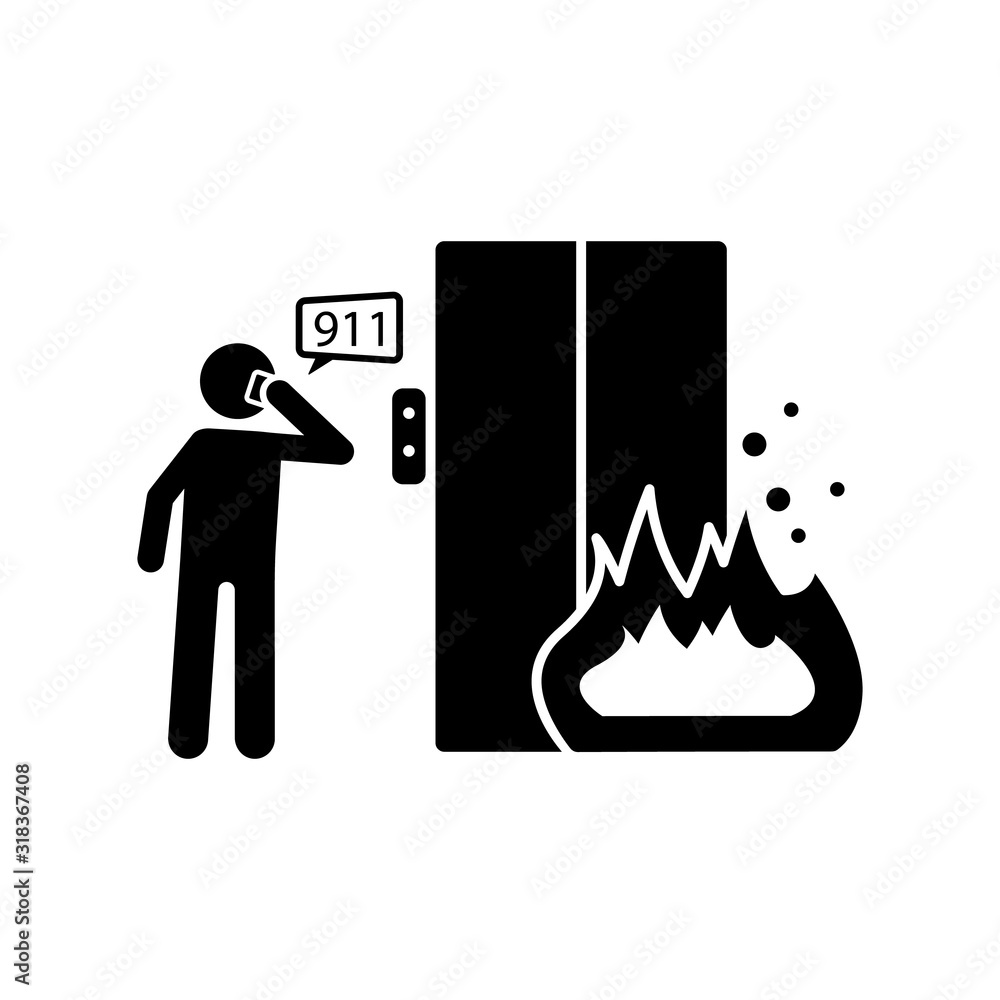 Poster man call about fire in elevator icon. simple pictogram of human and fire icons for ui and ux, websit