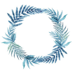 watercolor illustration of blue tropical leaves, green branches, fern. frame of tropical leaves. invitation to the wedding