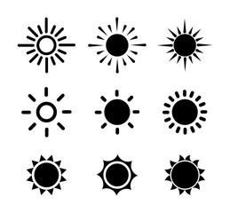 Vector black sun icons set on white background