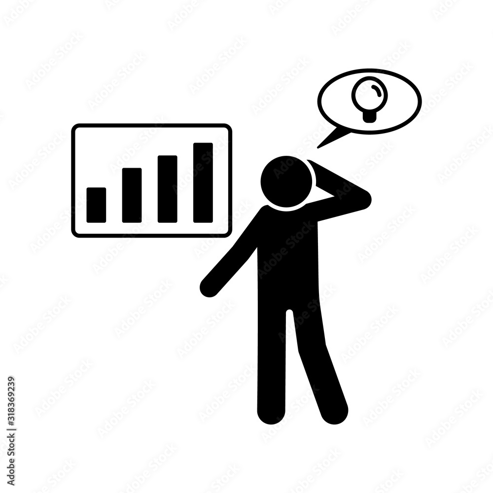 Poster man in presentation of chart with idea icon. simple pictogram of human with idea icons for ui and ux