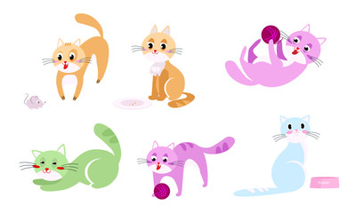 Funny colorful cats doing everyday things vector illustration