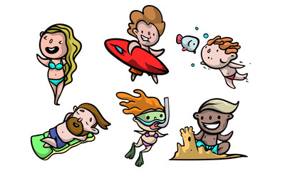 Children in swimwear enjoying active summer lifestyle vector illustration