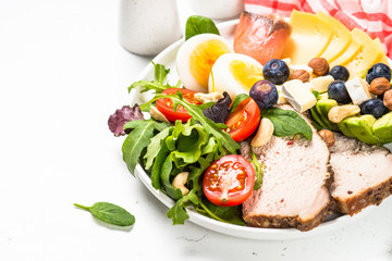 Keto diet plate on white table.