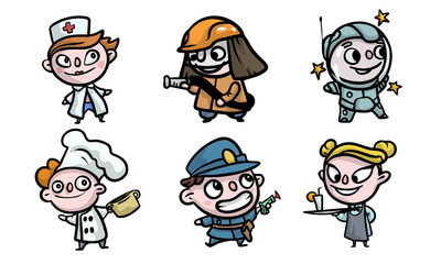 Boys and girls in costumes playing different jobs vector illustration