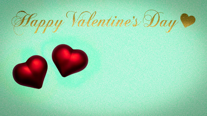 Happy Valentines Day. 14 February.  Love. Hearts. Two red hearts on a turquoise background. Greeting card. Celebration.