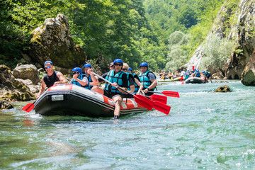 Rafting team goes down the river on the beautiful sunny day. - obrazy, fototapety, plakaty