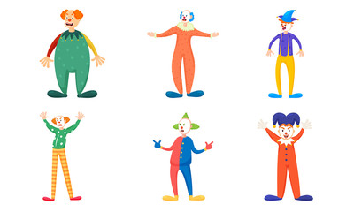 Fototapeta na wymiar Clowns in colorful costumes during show vector illustration
