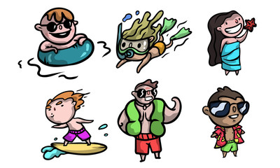 Happy children in swimwear enjoying summer and beach vector illustration