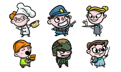 Obraz premium Boys and girls in costumes playing different jobs vector illustration