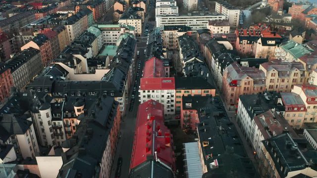 Aerial view directly above roof tops in residential area