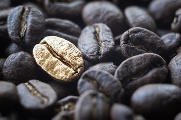 Close-up of the golden bean on roasted coffee background