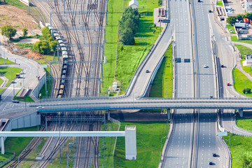 Transport. Top view of the railway and road. Transport infrastructure. Road network. Railway network. Transportation by road and rail. Rails. Highway. Bridges.
