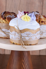Delicious pastry baking. Easter cake with filling. Quail eggs. Flowers, table, dishes.