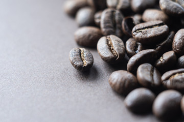 Roasted coffee beans on dark brown background