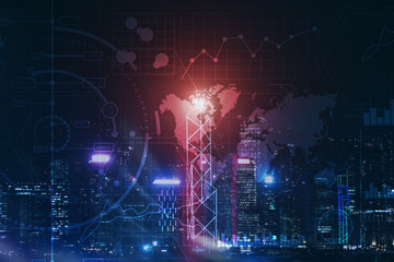 Obraz premium Data Analysis. Trading Control Panel on Virtual Screen Modern Night City Background.
