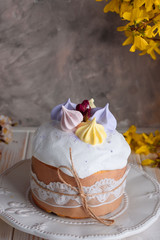 Delicious pastry baking. Easter cake with filling. Quail eggs. Flowers, table, dishes.