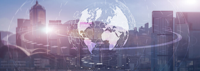 Globe Global business technology concept of modern city background. Website header.