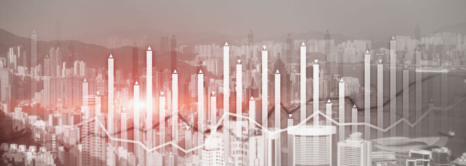 Financial growth chart graph diagram analysis big data trading investment concept. city view skyline website header banner double exposure