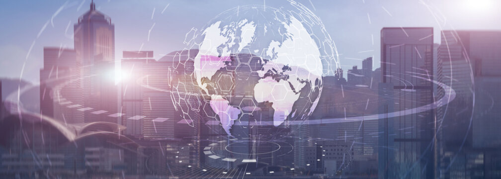 Globe Global Business Technology Concept Of Modern City Background. Website Header.