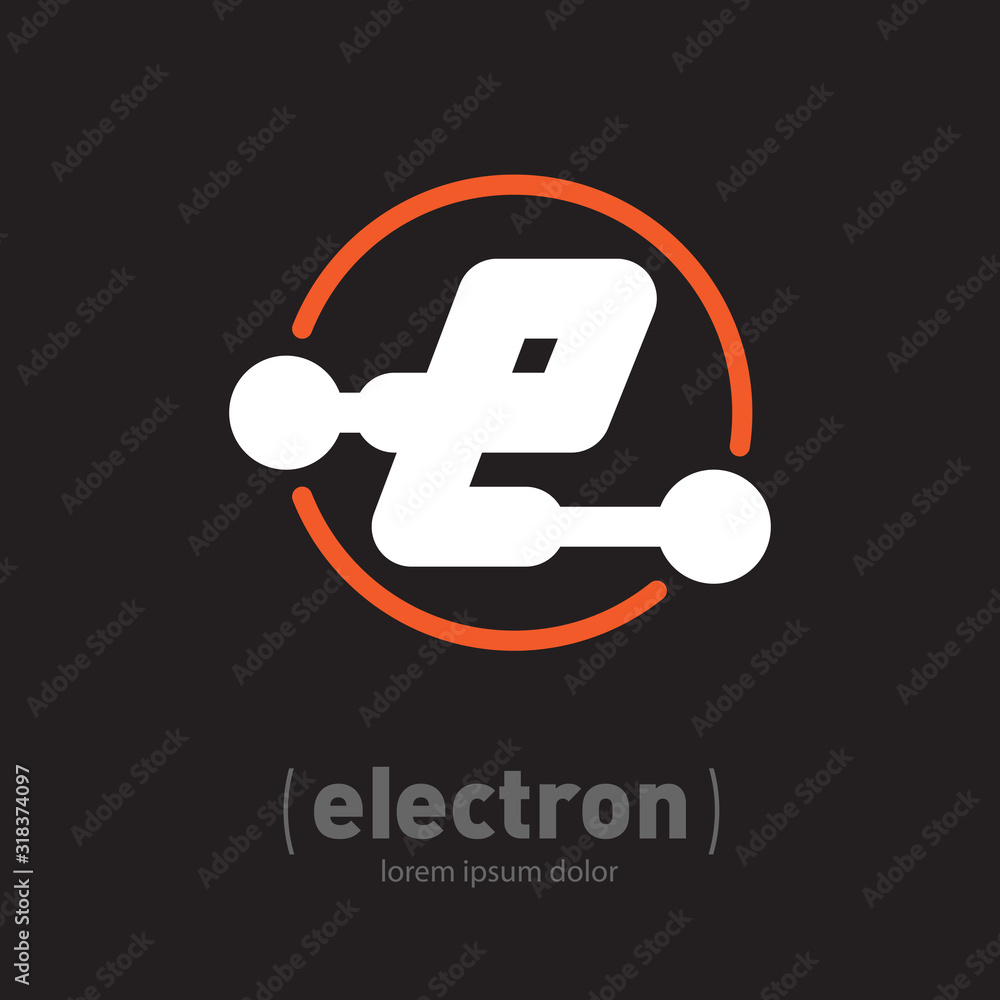 Poster electron - logo with letter e inside orbit. logotype design template for science or technological pr