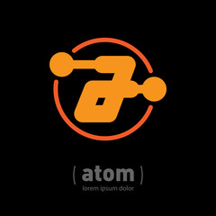 Atom - logo with letter A inside orbit. Logotype design template for Medicine, science or technological project.