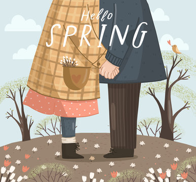 Hello spring! Cute vector illustration for valentines day, february 14th. Drawing of a couple in love in nature. Picture for card, postcard or background.