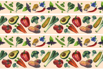 Watercolor seamless floral pattern with healthy food hand drawing decorative background. Print for textile, cloth, wallpaper, scrapbooking