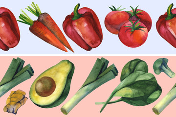 Watercolor seamless floral pattern with healthy food hand drawing decorative background. Print for textile, cloth, wallpaper, scrapbooking