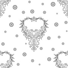 Beautiful pattern openwork vector heart with curls and small flowers. Decorative seamless pattern for design on a white background.