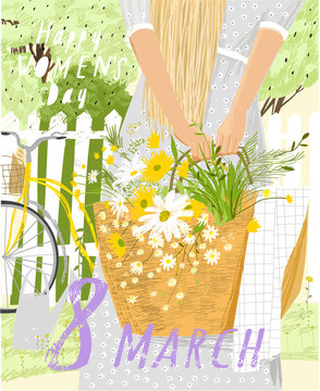 Happy International Women's Day March 8th! Cute vector illustration of a woman with a basket of wildflowers on nature. Freehand spring drawing for background, card or poster.