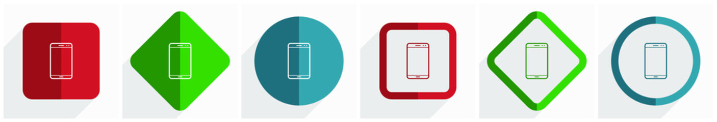 Smartphone, mobile phone  icon set, flat design vector illustration in 6 options for webdesign and mobile applications in eps 10