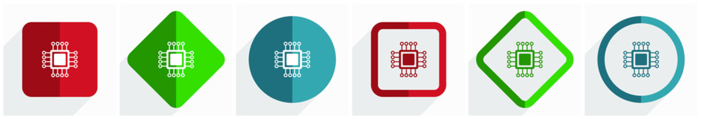 Circuit, technology, chip, processor icon set, flat design vector illustration in 6 options for webdesign and mobile applications in eps 10