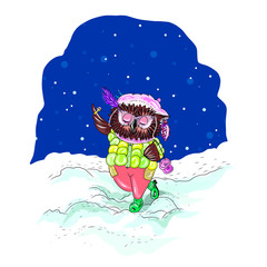 illustration of an owl in fashionable clothes 